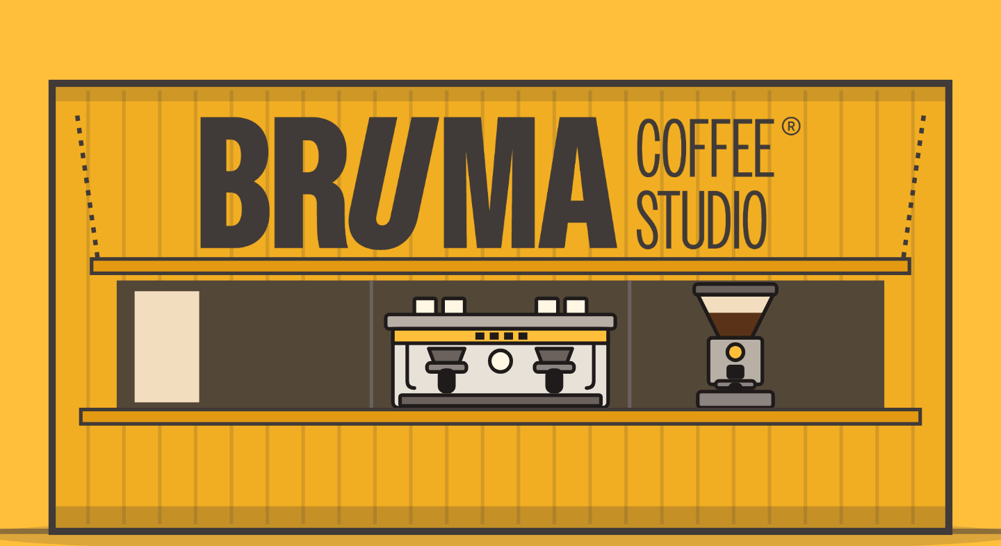 Illustration of the yellow BRUMA Coffee Studio container with its espresso machine and grinder in the serving window